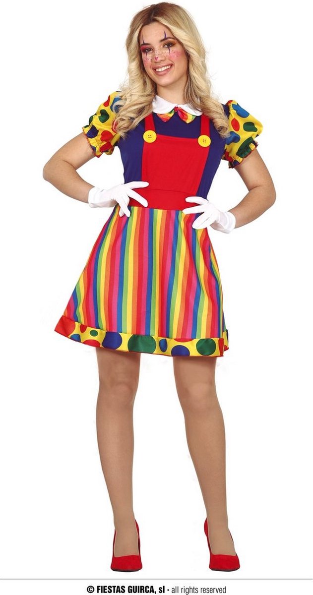 Clown & Nar Kostuum | Altijd Lachen Gekleurde Gestreepte Clown | Vrouw | Maat 38-40 | Carnaval kostuum | Verkleedkleding